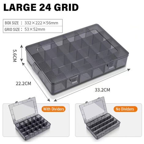 Adjustable 9-24 Grids Compartment Plastic Storage Box Jewelry Bead Screw Tool Holder Case Black Transparent Organizer Container,Large 24 Grid