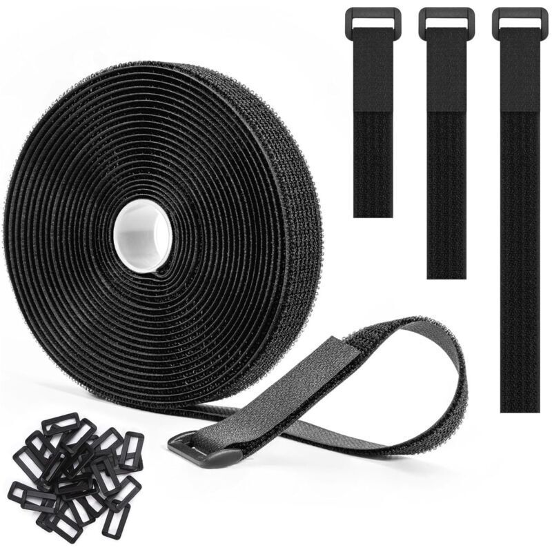 Adjustable Cable Straps 5m x 2.5cm with 25 Loops, Reusable Black Cable Ties, Hook and Loop Fastener Strap, Black