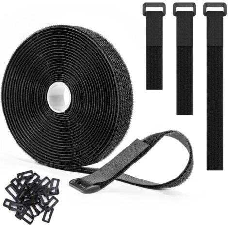 Adjustable Cable Straps 5m x 2.5cm with 25 Loops, Reusable Black Cable Ties, Hook and Loop Fastener Strap, Black