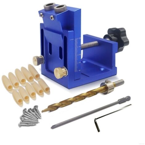 Adjustable Kit d'outils de Gabarit de Percage Oblique pour Menuiserie, Bleu Amovible Pocket Hole Jig, Avec 1 Forets de 9 mm, pour le Travail du Bois et la Fabrication de Meubles (Bleu)