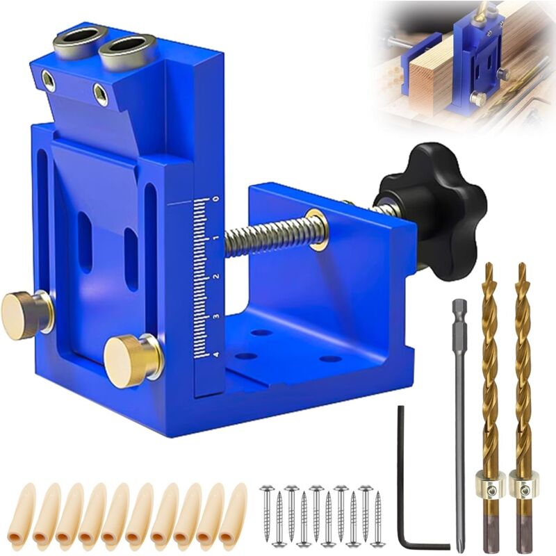 Adjustable Kit d'outils de Gabarit de Percage Oblique pour Menuiserie, Bleu Amovible Pocket Hole Jig, Avec 2 Forets de 9 mm, pour le Travail du Bois