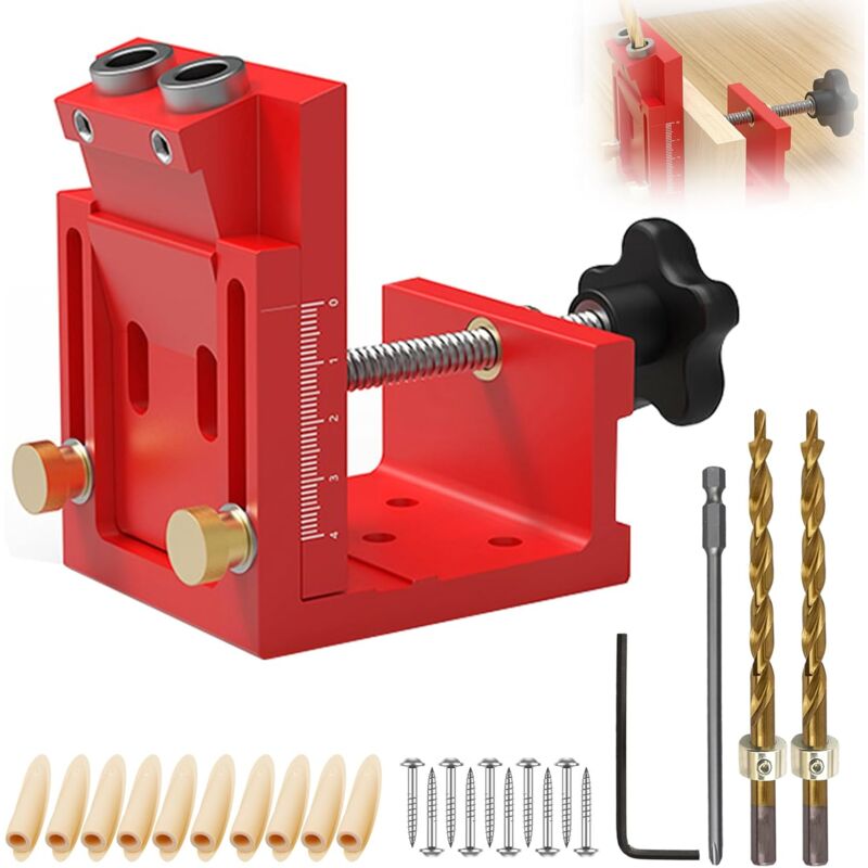 Adjustable Kit d'outils de Gabarit de Percage Oblique pour Menuiserie, Bleu Amovible Pocket Hole Jig, Avec 2 Forets de 9 mm, pour le Travail du Bois
