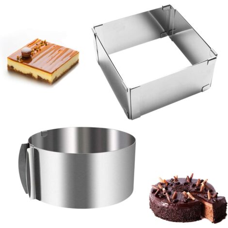 Adjustable Pastry Ring, 2pcs Rectangular + Round Stainless Steel Cake Frame, Pastry Mold with Scale Ø 16-30cm/6-12 inch Extendable, for Strawberry Mousse Dessert, Height 8cm