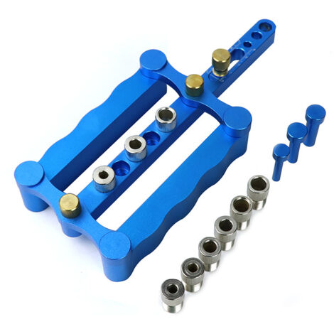 Adjustable Self-Centering Drill Guide Set with 6mm, 8mm and 10mm Sockets for Woodworking, Carpentry (Blue)