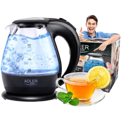 Adler AD 1224 Hervidor Agua Eléctrico 1,5 Litros Jarra Cristal Inalámbrica Retroiluminada, Apagado Automático 2200W Negro