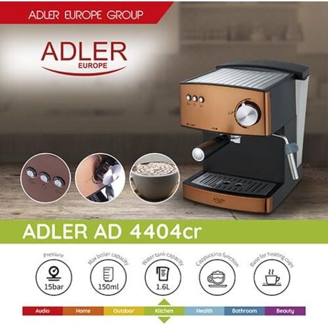 Adler AD 4404CR Cafetera Espresso Automática 15 Bares, Depósito 1,6 L, para Preparar Café Latte, Espresso y Capuccino, Vaporizador para Espumar Leche, Calienta Tazas, Color Cobre, 850W