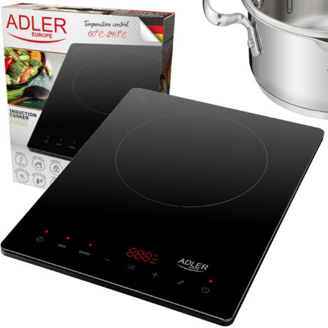 Plaque induction compacte 2000 W – Design noir – 1 zone de cuisson – Minuterie 180 min – Écran LED tactile – Détection poêles – Adler