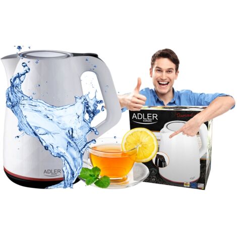 Adler AD1277W Hervidor Agua Eléctrico, 1,7 L, Resistencia Oculta, Inalámbrico, Apagado Automático, Base 360º 2200W Blanco