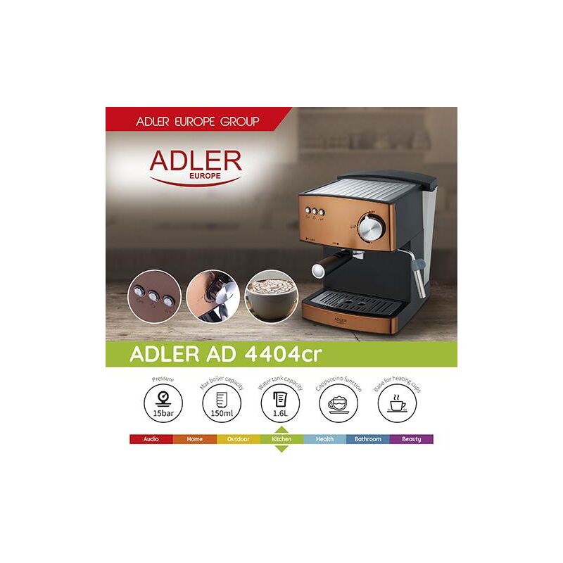 Cafetera Espresso Manual 15 Bares 1,6 L, Brazo Doble Salida, Espumador Leche, Calientatazas 850W Cobre - Adler En Oferta Cafetera Espresso, 850 W, Aluminio, Dorado - Adler