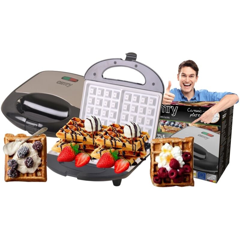 Camry - cr 3019 Gaufrier pour 2 gaufres belges épaisses, plaques céramique antiadhésives 1000W Argent