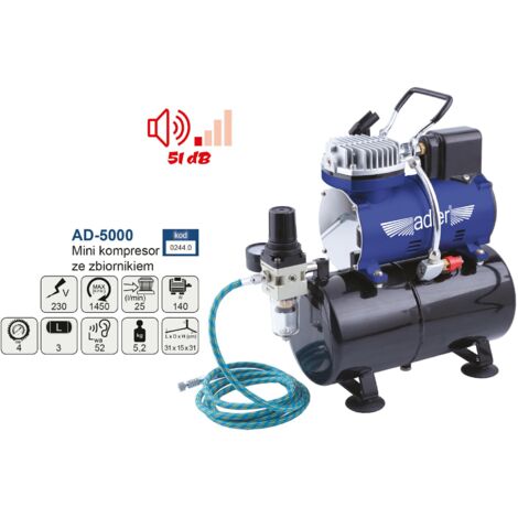 Adler Compressoremini AD-5000 per aerografia, strumento portatile per pittura artistica, modellazione e applicazioni industriali, regolazione avanzata della pressione, design compatto, colore metallic
