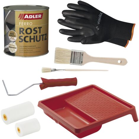 Adler Ferro Rostschutzfarbe für Metall 3in1 - Grundierung, Rostschutz und Decklack - direkt auf Restrost anwendbar + Zubehör, in Oxidrot 375ml