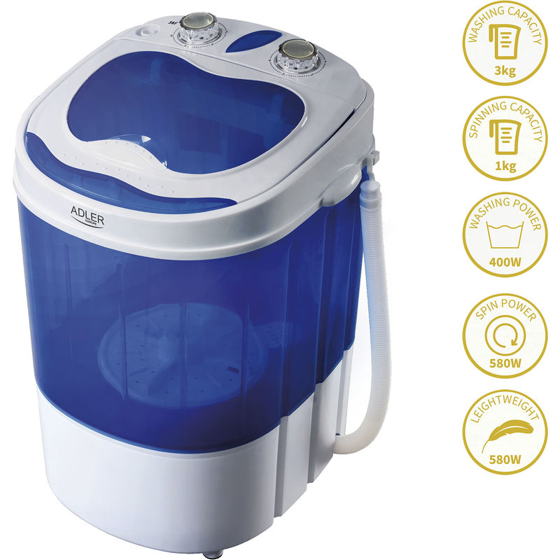 AD8051 Mini Lavadora Centrifugadora Portátil, 3Kg Lavado, Pograma Lavado 15m, Ideal Camping Caravanas 150W Blanco/azul - Blanco/azul - Adler