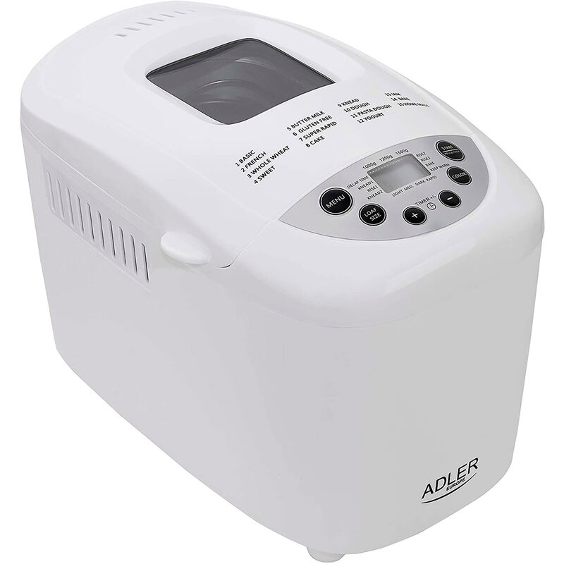 Adler - AD6019 Panificadora Automática, Programable, 15 Programas Cocción, Dos Cuchillas Amasado, Temporizador 850W Blanco