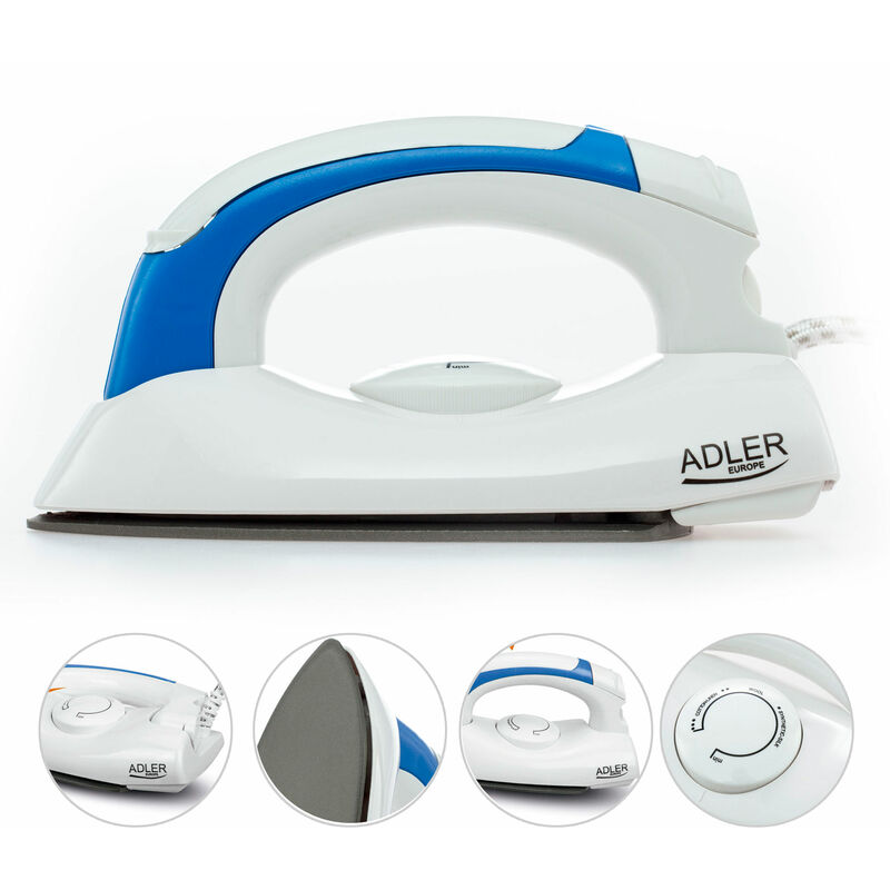 

Plancha Ropa Vapor Viaje, Mango Plegable, Ligera, Regulador Temperatura, Suela Antiadherente 700W Blanco/azul - Adler