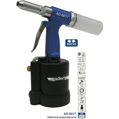 Adler Pneumatisches Nietwerkzeug AD-6017, Hochleistungswerkzeug zum Setzen von Nieten, kompaktes und ergonomisches Design, maximale Festigkeit, pneumatische Kompatibilität, metallische Farbe.