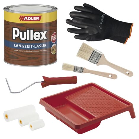 Adler Pullex Langzeit Lasur - Holzlasur Außen Wetterfest - kein Abblättern bei Witterung und Schutz gegen Bläue- und Schimmelbefall - mit 2x Pinsel + Lackroller Set mit Farbwanne, Palisander 750ml