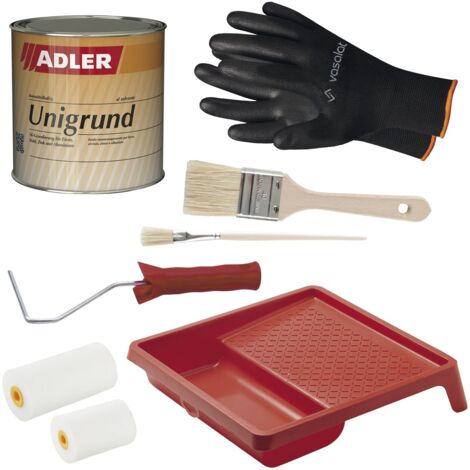 Adler Unigrund LM Haftgrund - 1K Grundierung mit Rostschutz - mit 2x Pinsel + Lackroller Set mit Farbwanne, grau 375ml