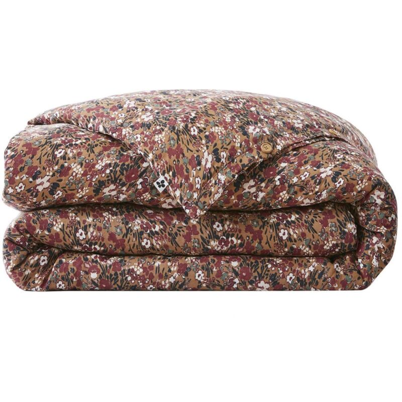 Adonis - Housse de Couette 140x200cm Gaze de Coton Fond Brun Motifs Fleurs