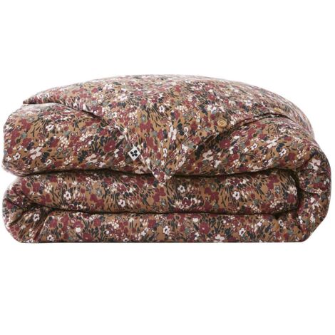 ADONIS - Housse de Couette 200x200cm Gaze de Coton Fond Brun Motifs Fleurs