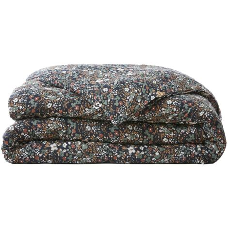 ADONIS - Housse de Couette 260x240cm Gaze de Coton Fond Bleu Motifs Fleurs