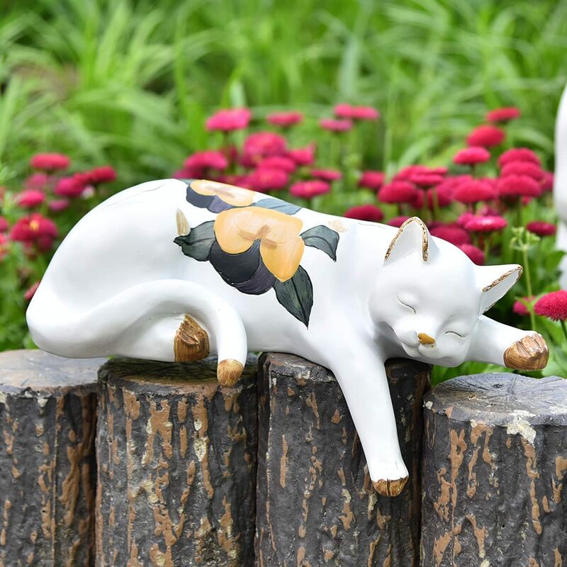 Adorable estatua de jardín de gato durmiente - Decoración interior o exterior - Decoración del hogar, jardín, patio, plantas, estante de pared,