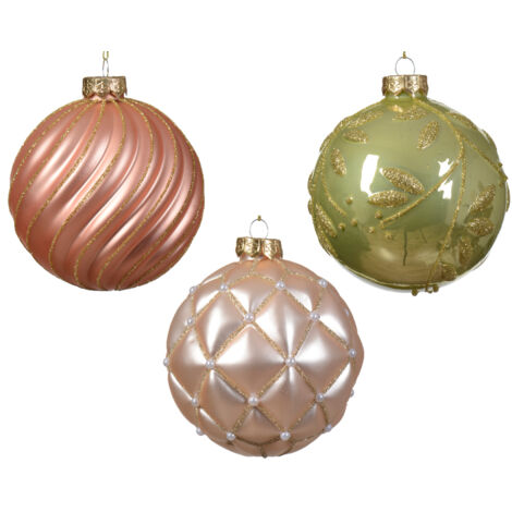 Adorno de Navidad de Vidrio para Decoración Navideña Mate-Brillante con Diseño de Líneas y Hojas Mixtas en Color Rosa Frizzante, ø 10cm