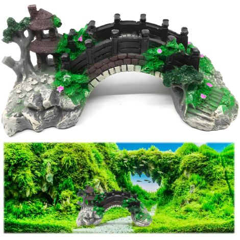 Adorno de puente para acuario, decoración de puente de jardín, decoración de plantas de acuario, colorido pabellón de puente, árbol, rocalla, puente de arco de resina para acuario, modelo de puente ar