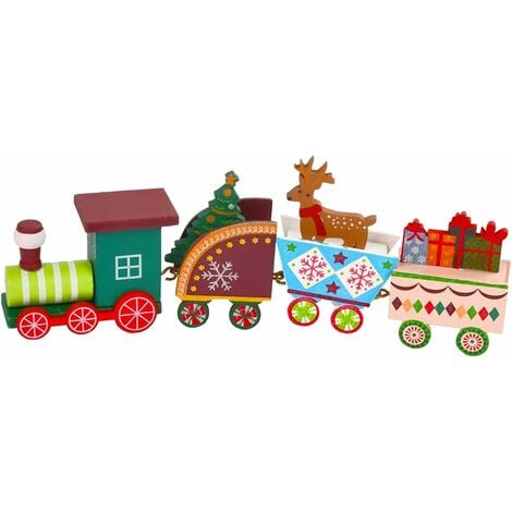 Adorno de tren navideño, adorno de tren navideño de madera, mini tren navideño de madera, decoración de mesa navideña, regalo de decoración para fiesta navideña para niños (A)