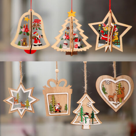 Adorno navideño 3D para árbol - Colgantes de madera hechos a mano - Papá Noel, trineo, muñeco de nieve