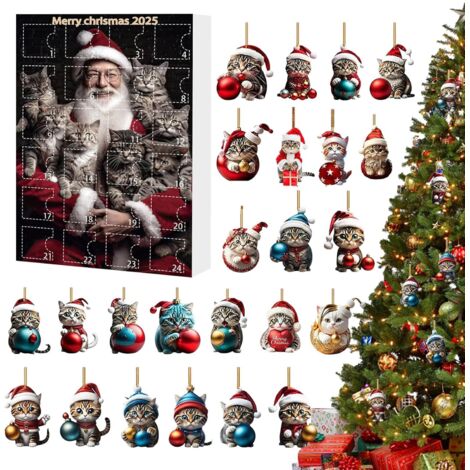 Adorno navideño de Adviento con forma de gato  Adorno colgante acrílico 2D, colgante de gatito, calendario de cuenta regresiva de 24 días para árbol de Navidad, ventana, pared o puerta