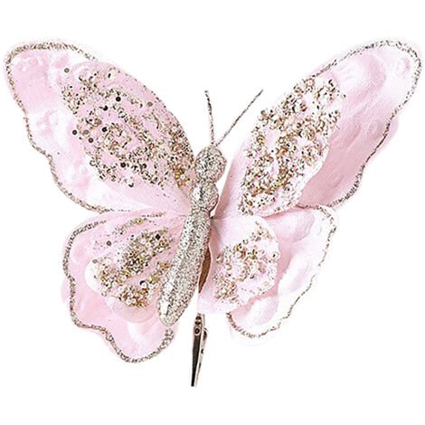 Adorno navideño de mariposa artificial de dos niveles (HY2107), rosa, decoración de lujo para árbol de Navidad DIY.