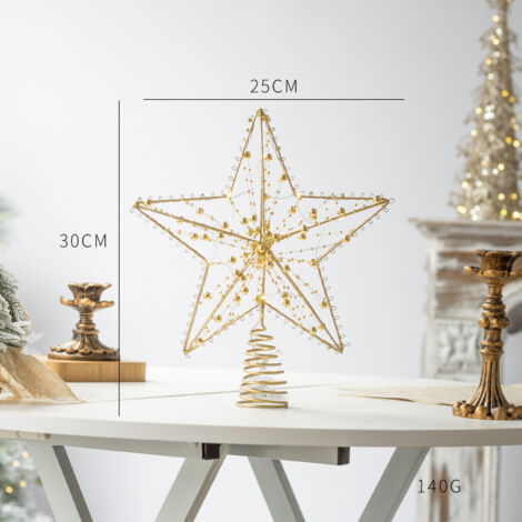 Adorno navideño LED para árbol de Navidad de 25 x 30 cm: estrella redonda dorada de cinco puntas con mini LED.