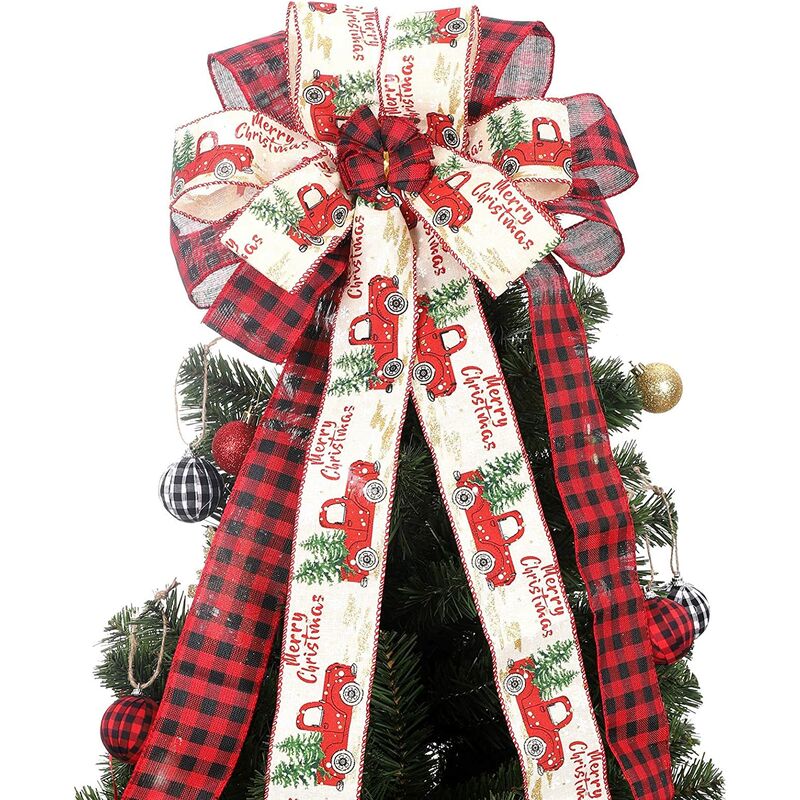 

Adorno para árbol de Navidad con lazo decorativo a cuadros de búfalo, arco grande de granja, regalo, guirnalda a cuadros rojos, arcos para pasamanos,