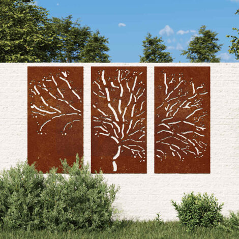 Adorno pared jardín 3 pzas acero corten diseño árbol 105x55 cm