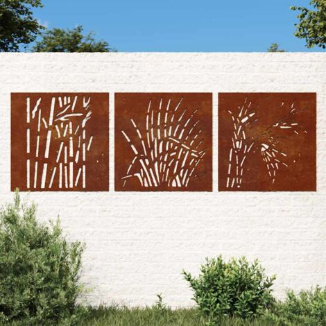 Adorno pared jardín 3 uds acero corten diseño hierba 55x55 cm