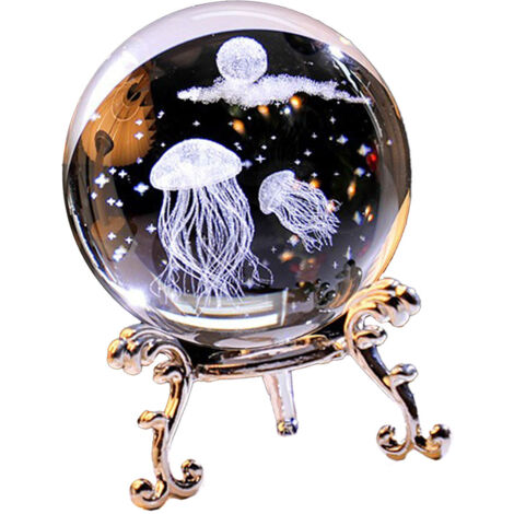【Adorno】Bola de cristal 3D con rosa grabada, base de metal plateado, globo galáctico con medusas (6 cm) – 1 pieza (embalaje incluido)