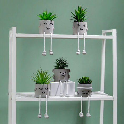 Adornos artificiales de plantas suculentas en macetas con patas, macetas con expresión facial (PVC + cemento, 29 cm de altura).