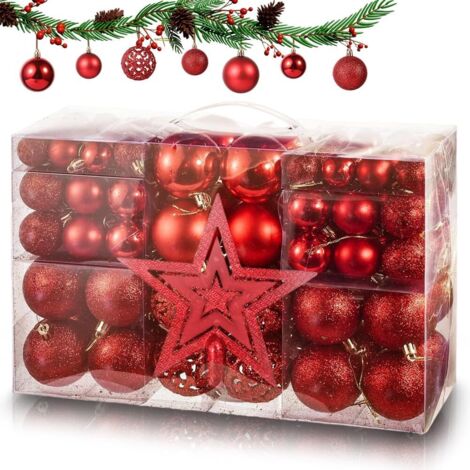 Adornos navideños, 101 piezas, adornos para árbol de Navidad, adornos navideños con bola roja, con estrella en la punta del árbol, perfectos para decoraciones navideñas de interior o exterior.
