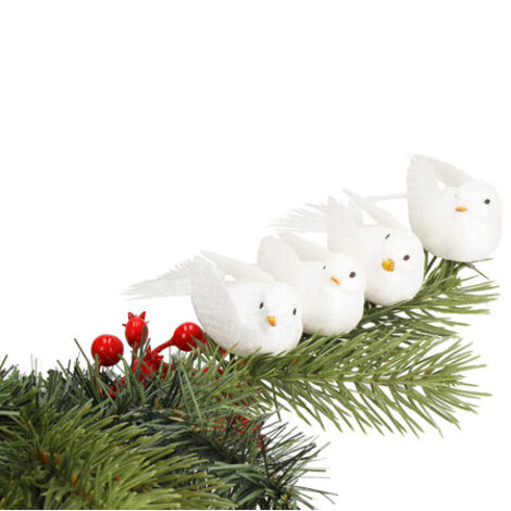 Adornos navideños 4 unidades pájaros con clip blanco brillante.