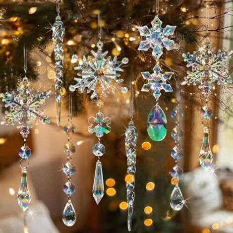 Adornos navideños para árbol de Navidad de 18 piezas, copos de nieve de colores, adornos colgantes de acrílico con colgantes.