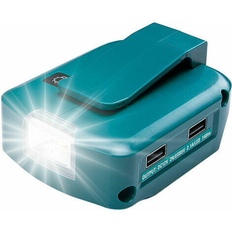ADP05 Makita 14–18 V Lithium-Ionen-Akku-Netzteil, USB-Handy-Ladegerät-Adapter mit zwei USB-Anschlüssen, 12 V DC-Anschluss, 3 W 56 Vingt LED-Taschenlampe