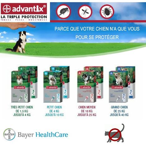 Advantix traitement anti tiques, anti puces, anti moustiques Désignation : Advantix Conditionnement : 4 pipettes de 4 ml Type de chien : Advantix Bayer 678261