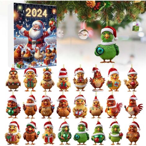 Advent Calendar 2024 - 2D Advent Calendar with Santa Hat - Hanging Home Decoration for Christmas Party - Hen Design - 24 Days