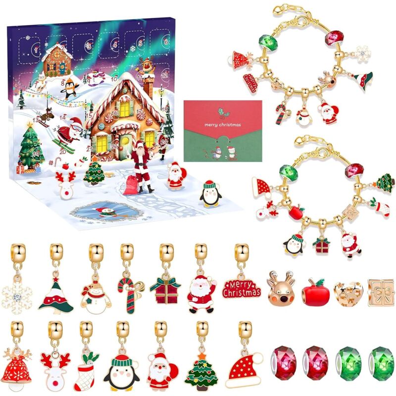 Lemax Advent Calendar 2024 Child Girl, Advent Calendar Christmas Jewelry Girl 5-12 Years, Advent Calendar Filling Gold Color Cracelets And Charms Girl Teen