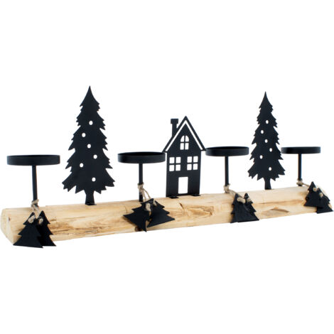 Advents Kerzenständer auf Baumstamm mit Schattenbild - 41 cm - Kerzenhalter mit Baum und Haus Silhouetten aus Metall - Weihnachten Tisch Deko Ständer für Stumpenkerzen Kerzenleuchter rustikal