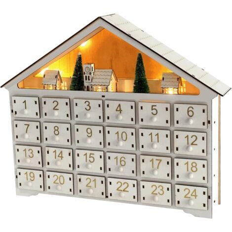 Adventskalender aus Holz, wiederverwendbarer leerer Adventskalender, DIY-Weihnachtskalender mit 24 Schubladen, einzigartige LED-Weihnachtsornamente für Weihnachtsdekorationen (keine Batterie)