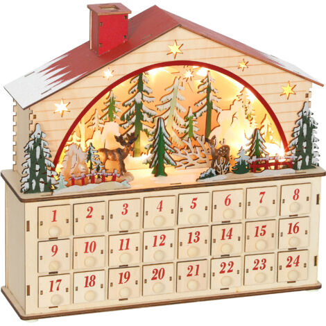 Adventskalender zum Befüllen 24 Schubladen Fächer Weihnachtskalender mit LED-Lichtern Naturholz 36 x 10 x 34 cm