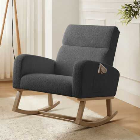 ADWOLT Fauteuil à Bascule- Rocking Chair avec rangement de poche -pieds en bois massif -Style Scandinave -Salon-Chambre-tissu sherpa-Gris foncé-69x78x87cm