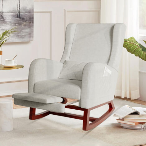 ADWOLT Fauteuil à Bascule-Rocking Chair - Scandinave - Pieds en Bois Massif - Chaise Loisirs - Tissu Velours gris - Salon - Chambre -67x64x99cm
